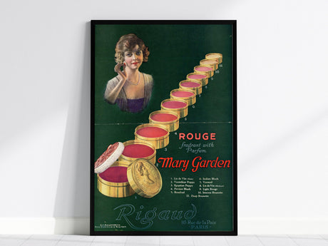 A vintage poster features a woman with short hair and a string of pearls, alongside a display of rouge tins on a dark green background with Art Deco typography.