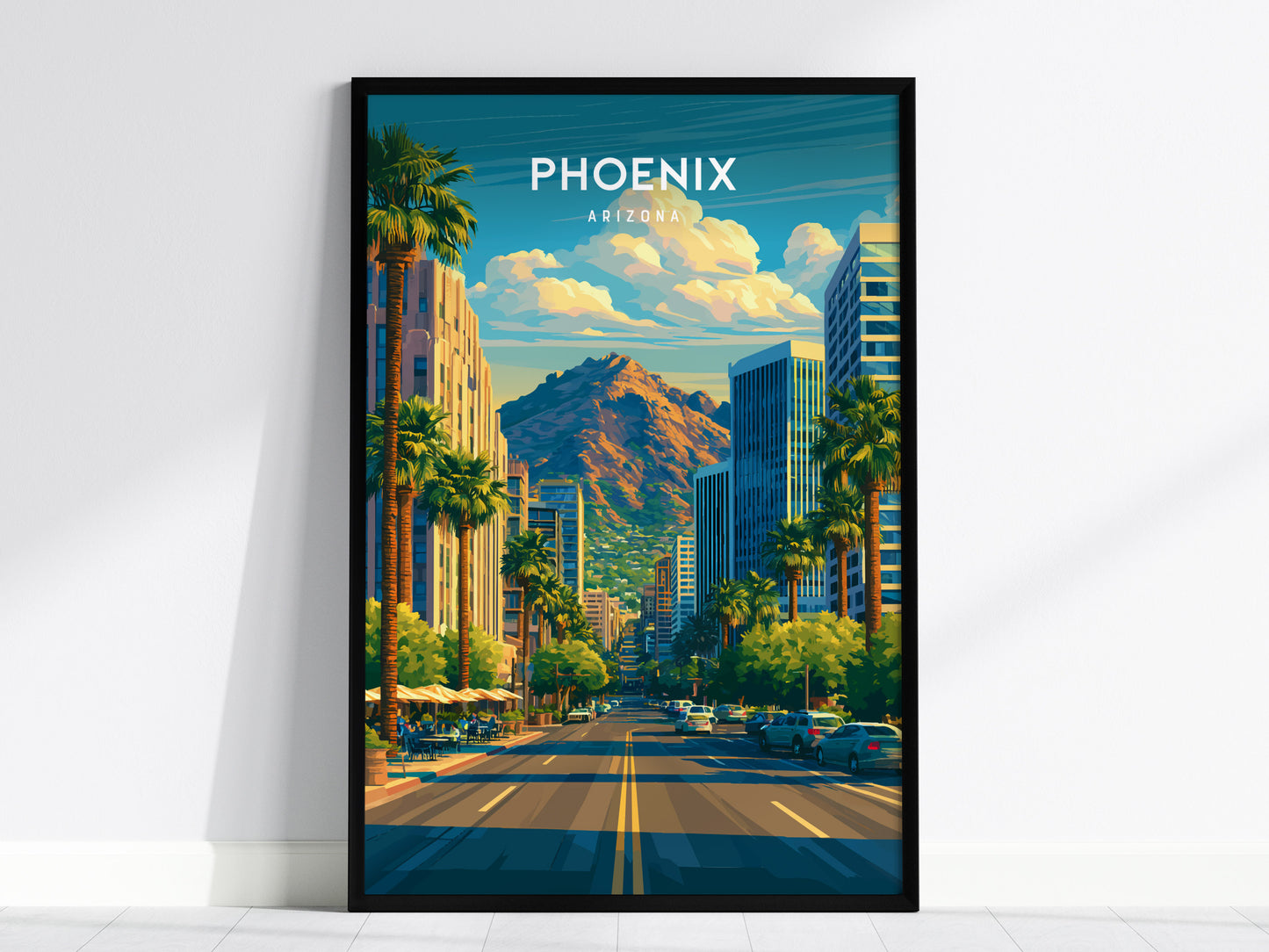 Phoenix, Arizona Poster | Desert Skyline & Saguaro Sunset Wall Art — framed wall art, 24x36 in