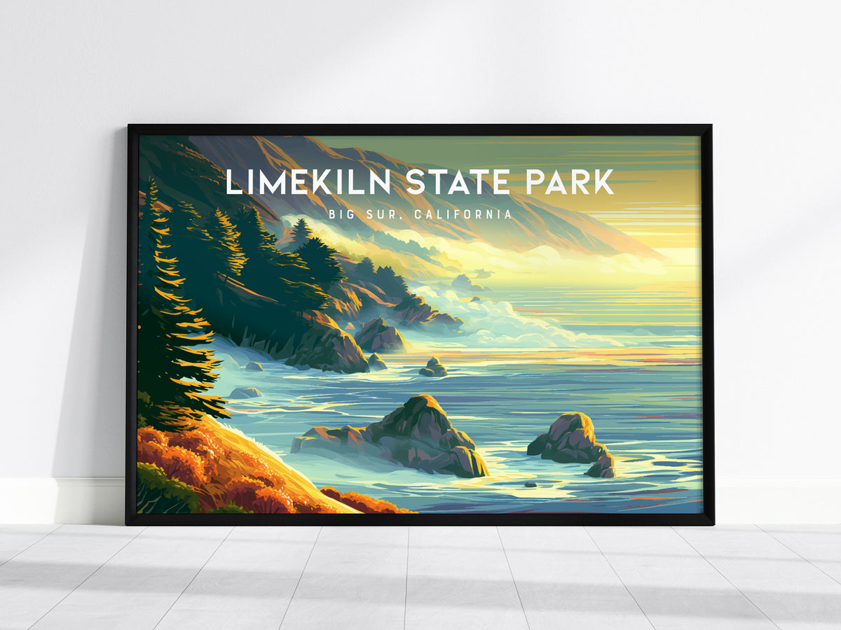 Limekiln State Park Landscape Poster | Big Sur, California Vacation Wall Art — framed wall art, 24x36 in