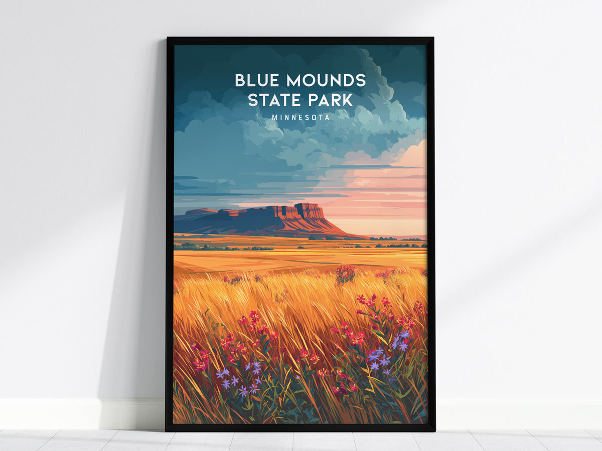 Blue Mounds State Park, Minnesota Poster | Prairie Bluffs & Bison Travel Wall Art — framed wall art, 24x36 in