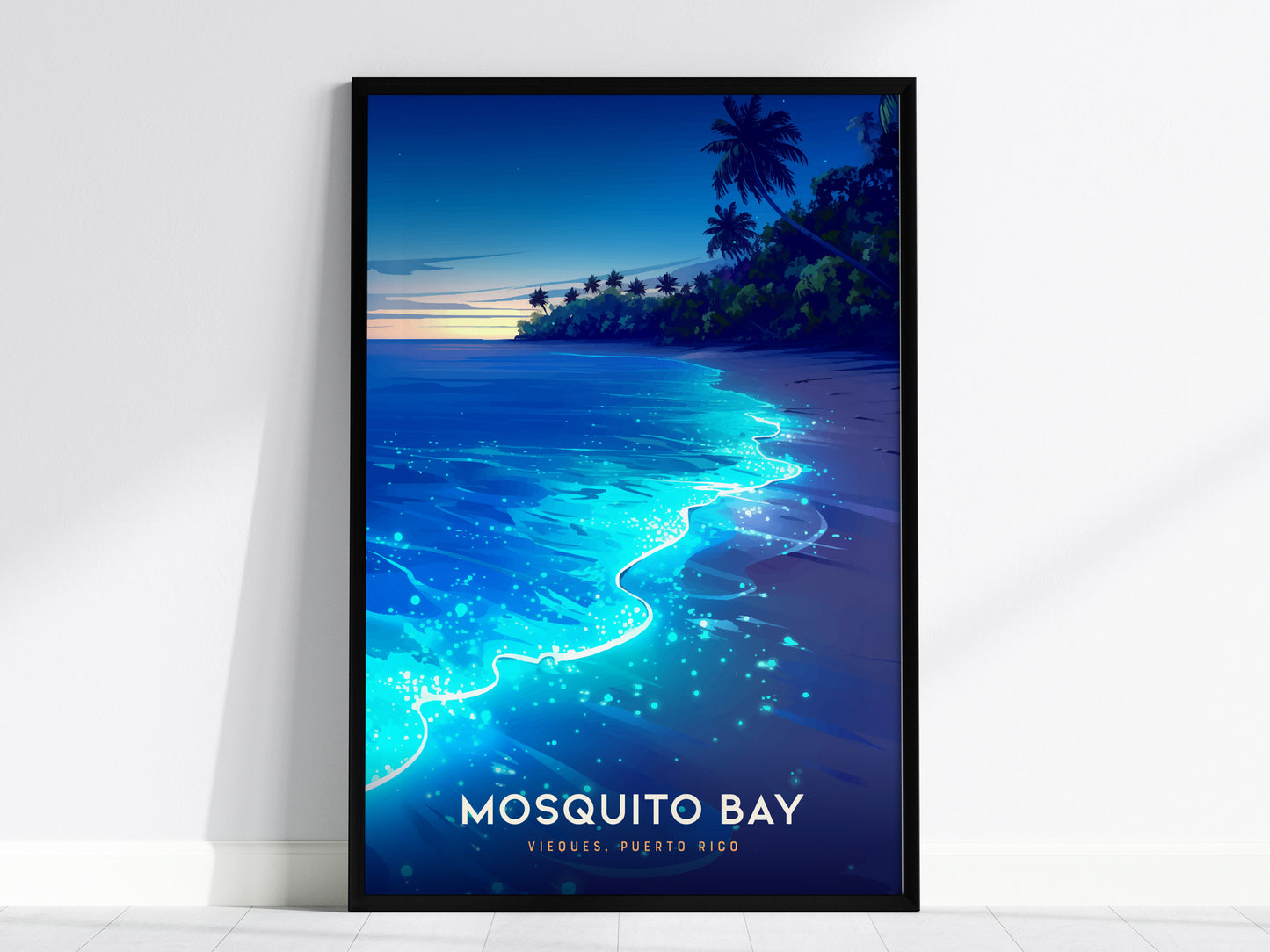 Vibrant Mosquito Bay poster illustrating bioluminescent waves and silhouetted palms in a tropical night scene, perfect travel art.