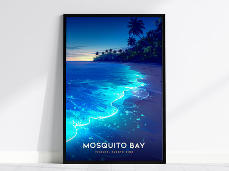 Vibrant Mosquito Bay poster illustrating bioluminescent waves and silhouetted palms in a tropical night scene, perfect travel art.