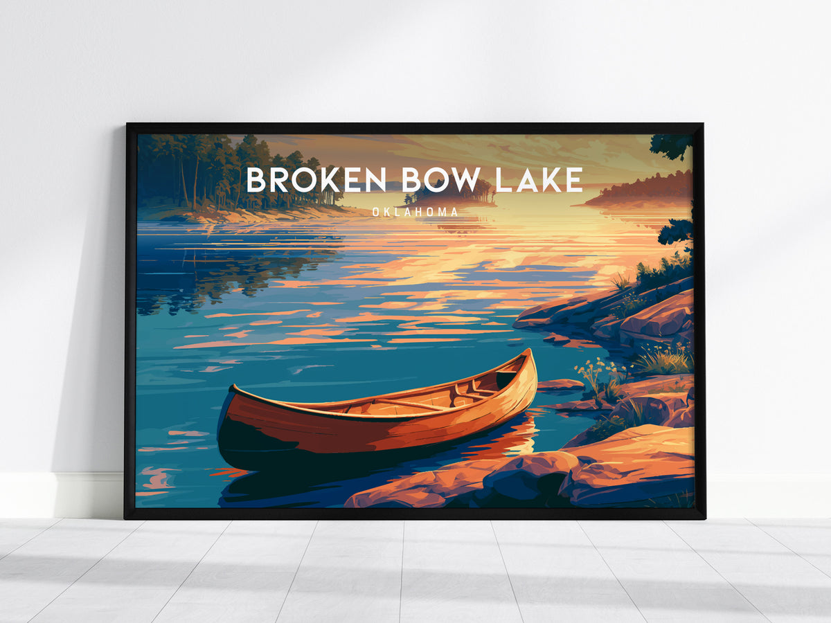 Broken Bow Lake, Oklahoma Landscape Poster | Lakeside Cabin & Pines Vacation Wall Art — framed wall art, 24x36 in
