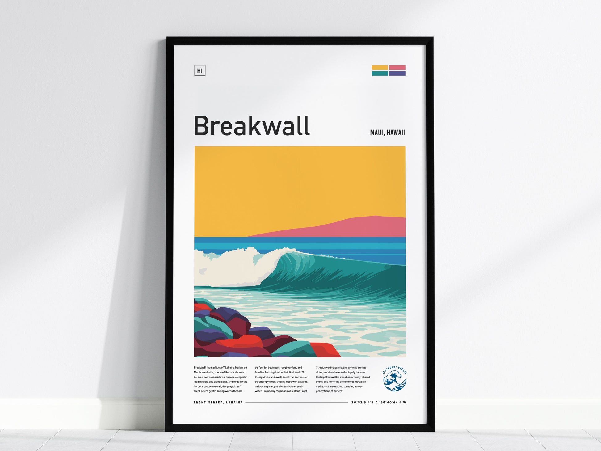 Vibrant Breakwall Maui poster features a dynamic surf wave in bold colors, perfect for surf art decor and surfer gifts.