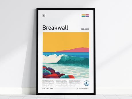Vibrant Breakwall Maui poster features a dynamic surf wave in bold colors, perfect for surf art decor and surfer gifts.