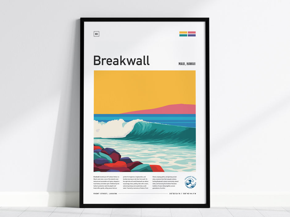 Vibrant Breakwall Maui poster features a dynamic surf wave in bold colors, perfect for surf art decor and surfer gifts.