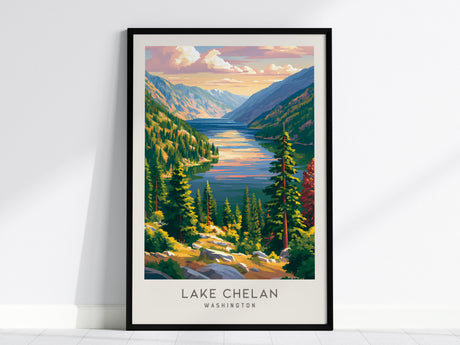 Lake Chelan Matte Border Poster | Washington Travel Wall Art — framed wall art, 24x36 in