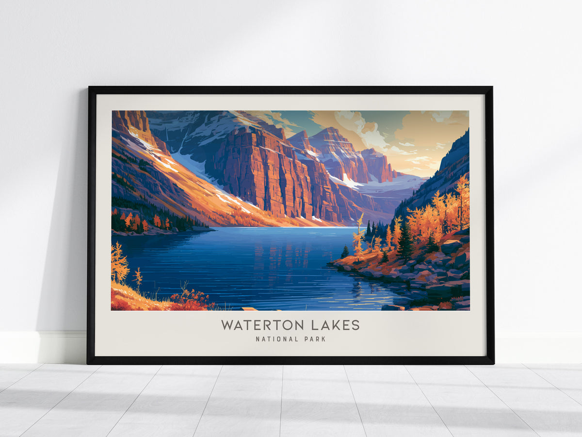 Waterton Lakes Landscape Matte Border Poster | National Park Framed or Unframed Travel Gift — framed wall art, 24x36 in