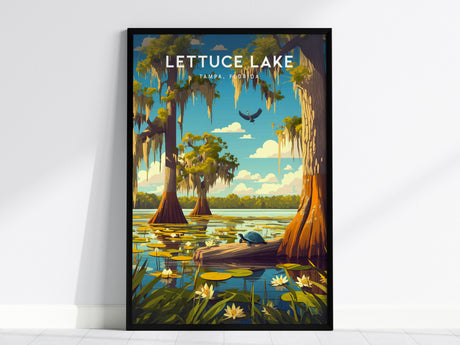 Illustrated poster of Lettuce Lake in Tampa, Florida, featuring cypress trees, Spanish moss, a turtle on a log, and a bird flying above the water with lily pads.