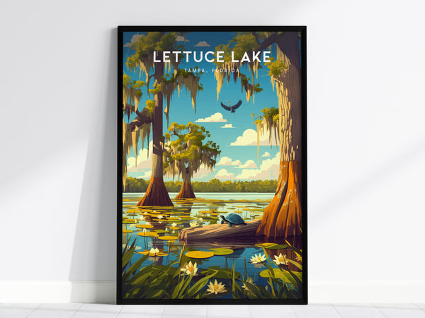 Illustrated poster of Lettuce Lake in Tampa, Florida, featuring cypress trees, Spanish moss, a turtle on a log, and a bird flying above the water with lily pads.