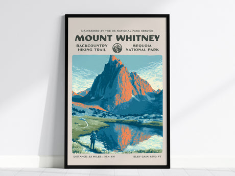 Mount Whitney, Sequoia National Park Poster | Hiker Gift | Backcountry Trail Wall Art — framed wall art, 24x36 in