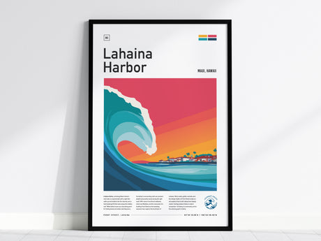 Stylized Lahaina Harbor poster featuring a vibrant blue wave, colorful sunset sky, and coastal buildings, perfect for surf decor.