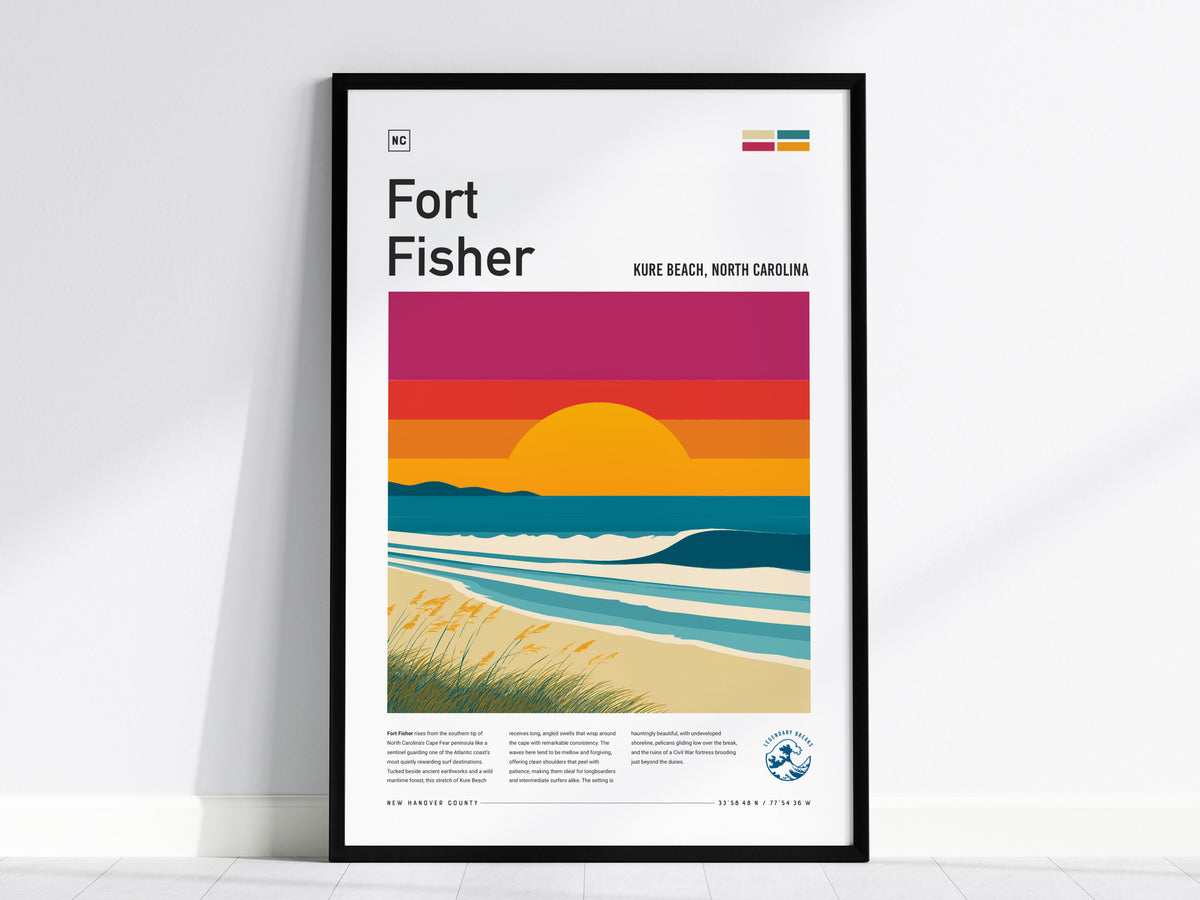 Fort Fisher, Kure Beach, North Carolina Poster | Surf Wall Art & Coastal Waves Print — framed wall art, 24x36 in