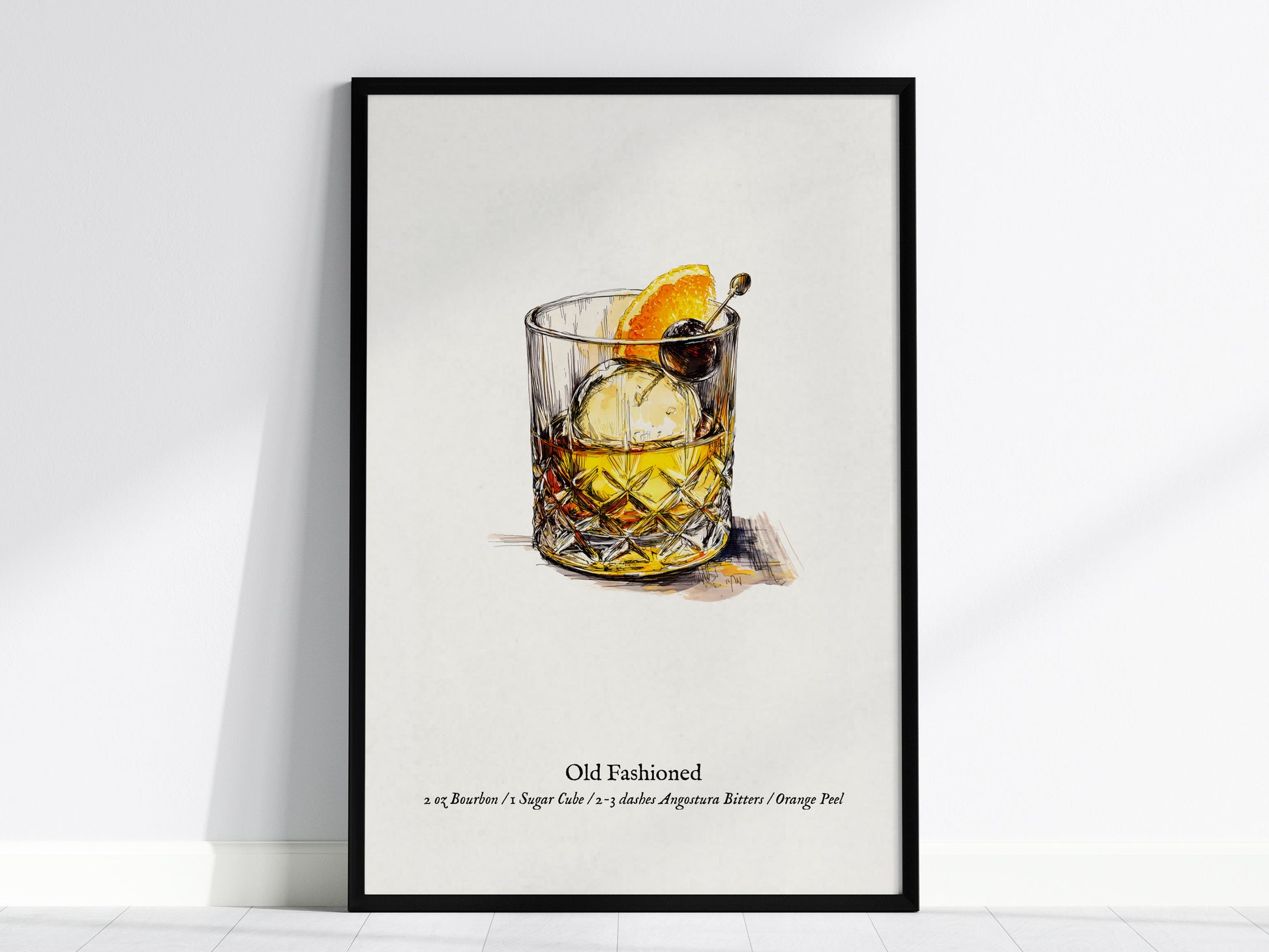 Old Fashioned Cocktail Poster | Vintage Pen & Ink Scientific Illustration Wall Art — framed wall art, 24x36 in