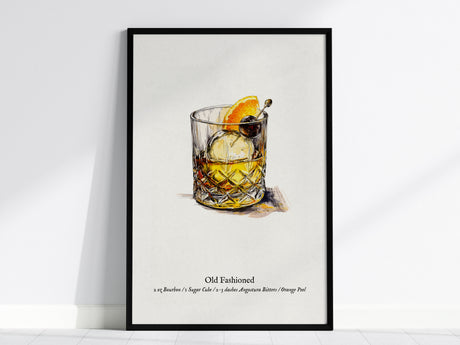Old Fashioned Cocktail Poster | Vintage Pen & Ink Scientific Illustration Wall Art — framed wall art, 24x36 in