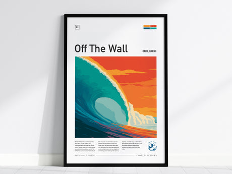 Framed "Off The Wall" poster featuring a vibrant Oahu wave in bold colors, perfect surf art decor for enthusiasts.