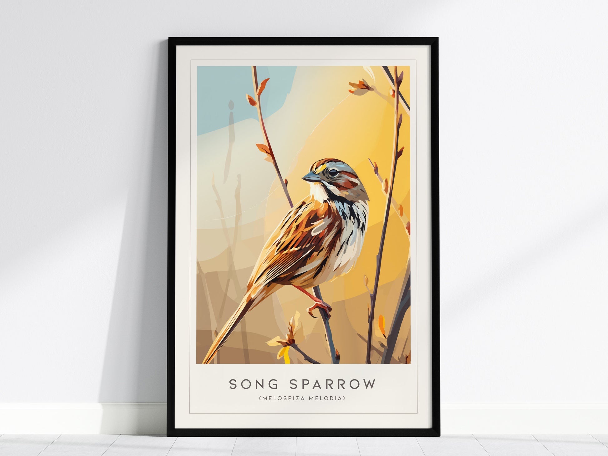 Song Sparrow Poster | Perched Songbird & Wildflower Meadow Wall Art — framed wall art, 24x36 in