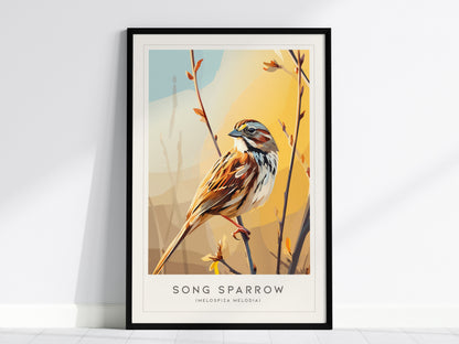 Song Sparrow Poster | Perched Songbird & Wildflower Meadow Wall Art — framed wall art, 24x36 in
