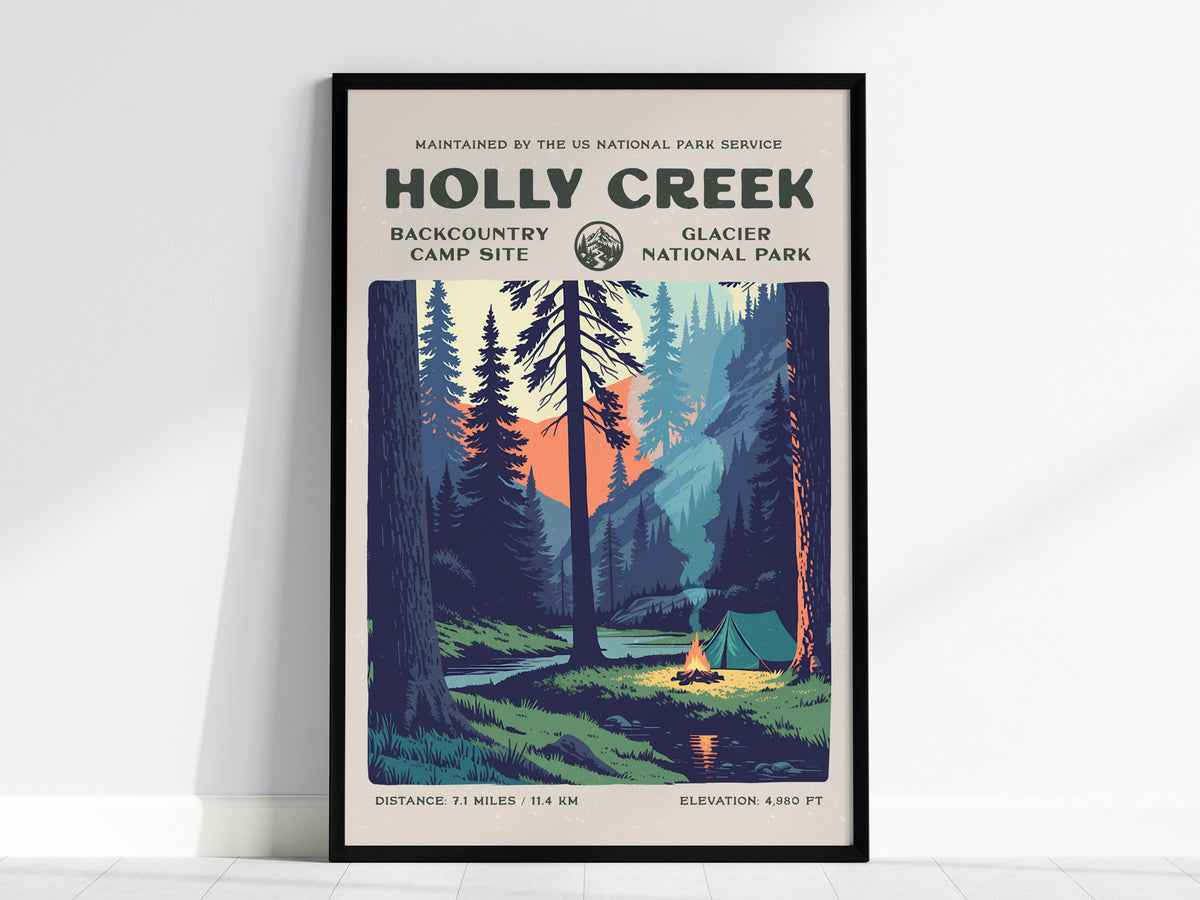 Holly Creek, Glacier National Park Poster | Hiker Gift | Backcountry Trail Wall Art — framed wall art, 24x36 in