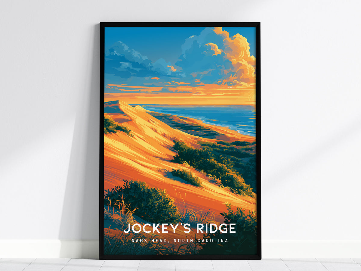 Jockey's Ridge, Nags Head, North Carolina Poster | Sand Dunes & Sunset Travel Wall Art — framed wall art, 24x36 in