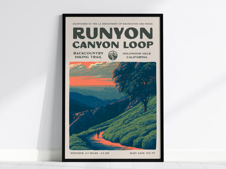 Runyon Canyon Loop, Hollywood Hills, California Poster | Hiker Gift | Bold Backcountry Block Print Wall Art — framed wall art