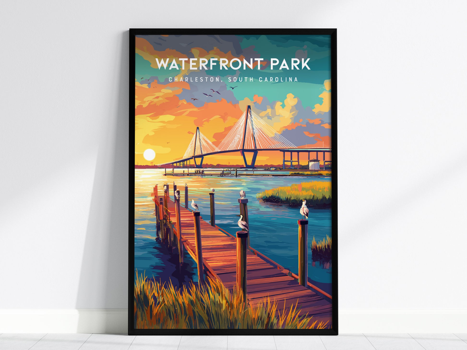 Waterfront Park, Charleston Poster | Southern Harbor Palmetto Charm Wall Art — framed wall art, 24x36 in
