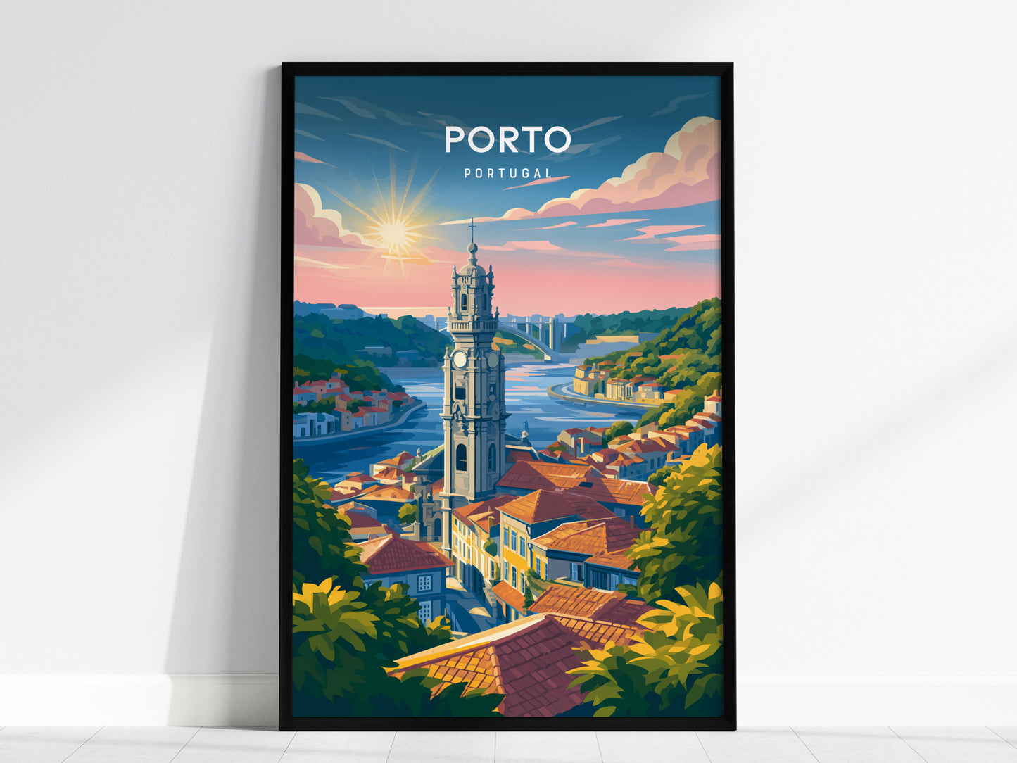 Porto, Portugal Poster | Rabelo Boats & Colorful Riverfront Wall Art — framed wall art, 24x36 in