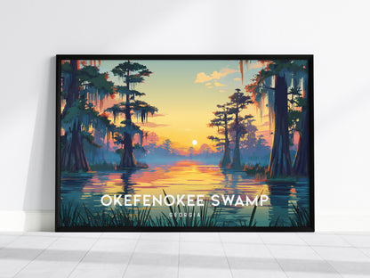 Okefenokee Swamp, Georgia Landscape Poster | Travel Gift Swampland Wildlife Wall Art — framed wall art, 24x36 in