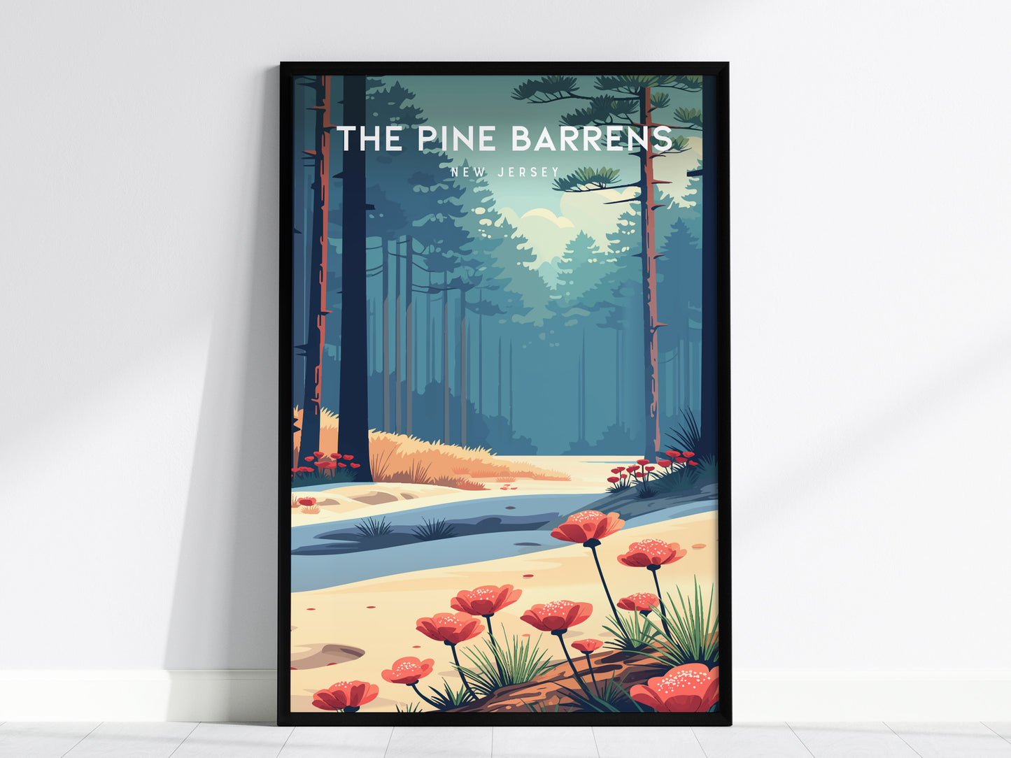 The Pine Barrens, New Jersey Poster | Misty Pines & Cranberry Bogs Wall Art — framed wall art, 24x36 in