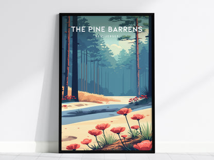 The Pine Barrens, New Jersey Poster | Misty Pines & Cranberry Bogs Wall Art — framed wall art, 24x36 in