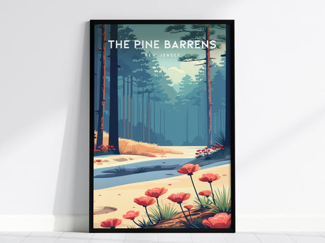 The Pine Barrens, New Jersey Poster | Misty Pines & Cranberry Bogs Wall Art — framed wall art, 24x36 in