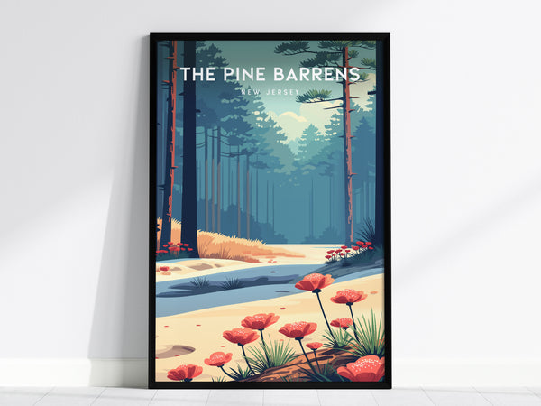 The Pine Barrens, New Jersey Poster | Misty Pines & Cranberry Bogs Wall Art — framed wall art, 24x36 in