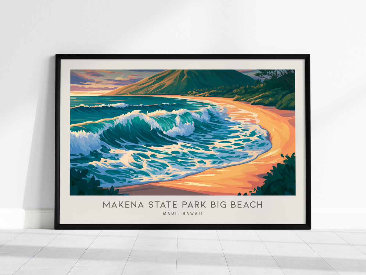 Makena State Park Big Beach Landscape Matte Border Poster | Maui, Hawaii Coastal Beach Decor — framed wall art, 24x36 in