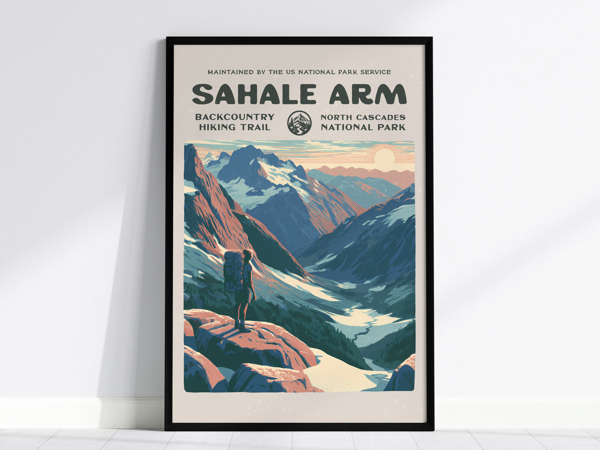 Sahale Arm, North Cascades National Park Poster | Hiker Gift | Backcountry Trail Wall Art — framed wall art, 24x36 in
