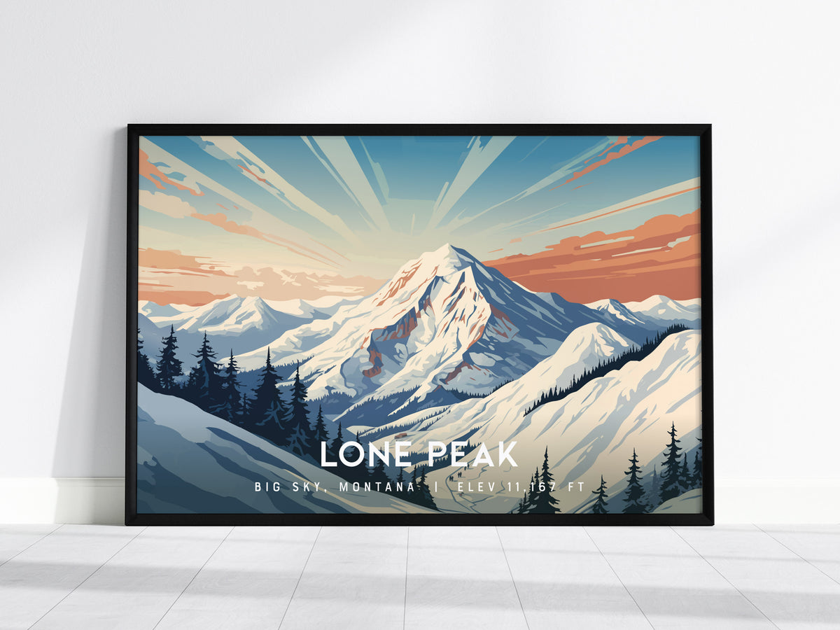 Lone Peak, Big Sky, Montana Landscape Poster | Mountain Destination Print Wall Art — framed wall art, 24x36 in