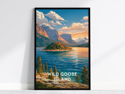 Wild Goose Island, Saint Mary Lake, Montana Poster | Mountain Lake Destination Print Wall Art — framed wall art, 24x36 in