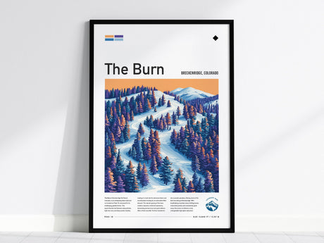 Framed poster of a scenic ski run at Breckenridge, Colorado, featuring snow-covered mountains, colorful pine trees, and a warm sunset sky. The poster is titled The Burn.