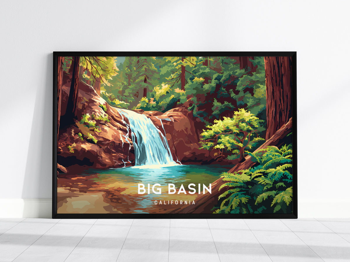 Big Basin Redwoods, California Landscape Poster | Ancient Forest Travel Wall Art — framed wall art, 24x36 in