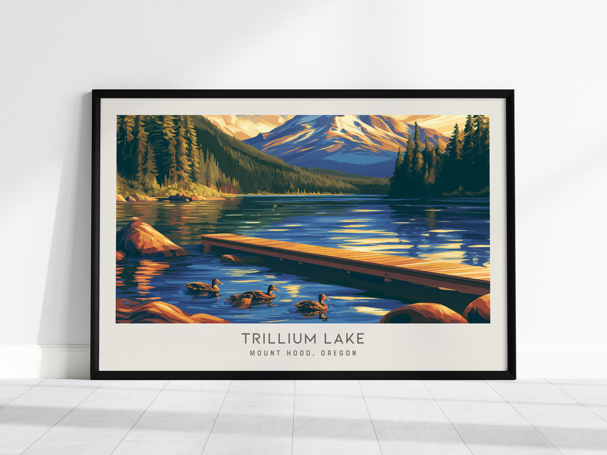 Trillium Lake Landscape Matte Border Poster | Mount Hood, Oregon Travel Gift Print — framed wall art, 24x36 in