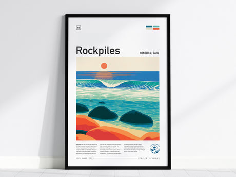 Rockpiles, Hawaii Poster | Golden Hour North Shore Surf Wall Art — framed wall art, 24x36 in