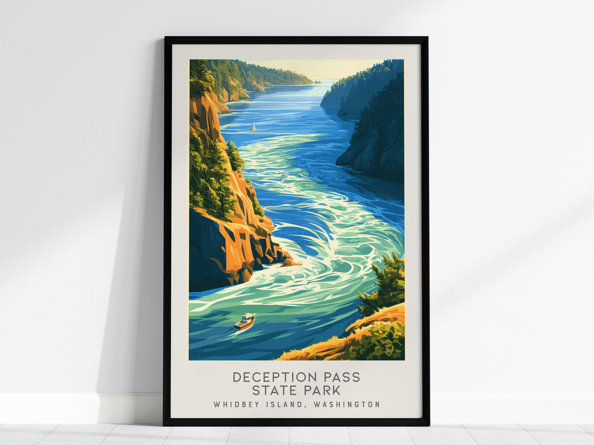 Deception Pass State Park Matte Border Poster | Whidbey Island, Washington Coastal Beach Decor — framed wall art, 24x36 in