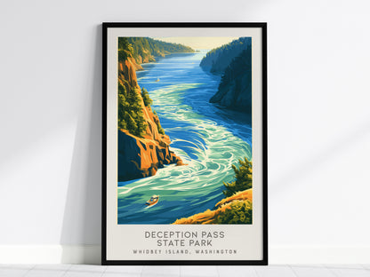 Deception Pass State Park Matte Border Poster | Whidbey Island, Washington Coastal Beach Decor — framed wall art, 24x36 in