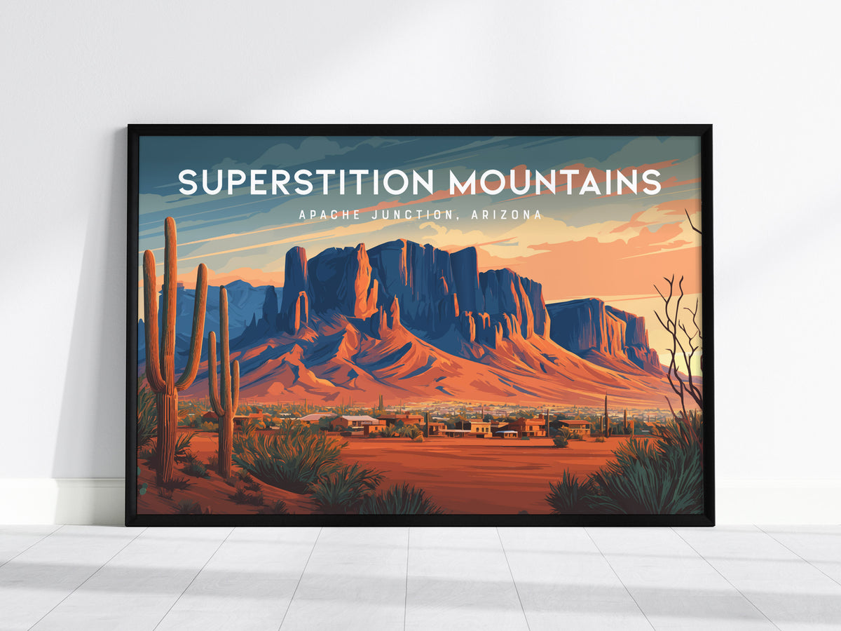 Superstition Mountains Landscape Poster | Apache Junction, Arizona Vacation Wall Art — framed wall art, 24x36 in