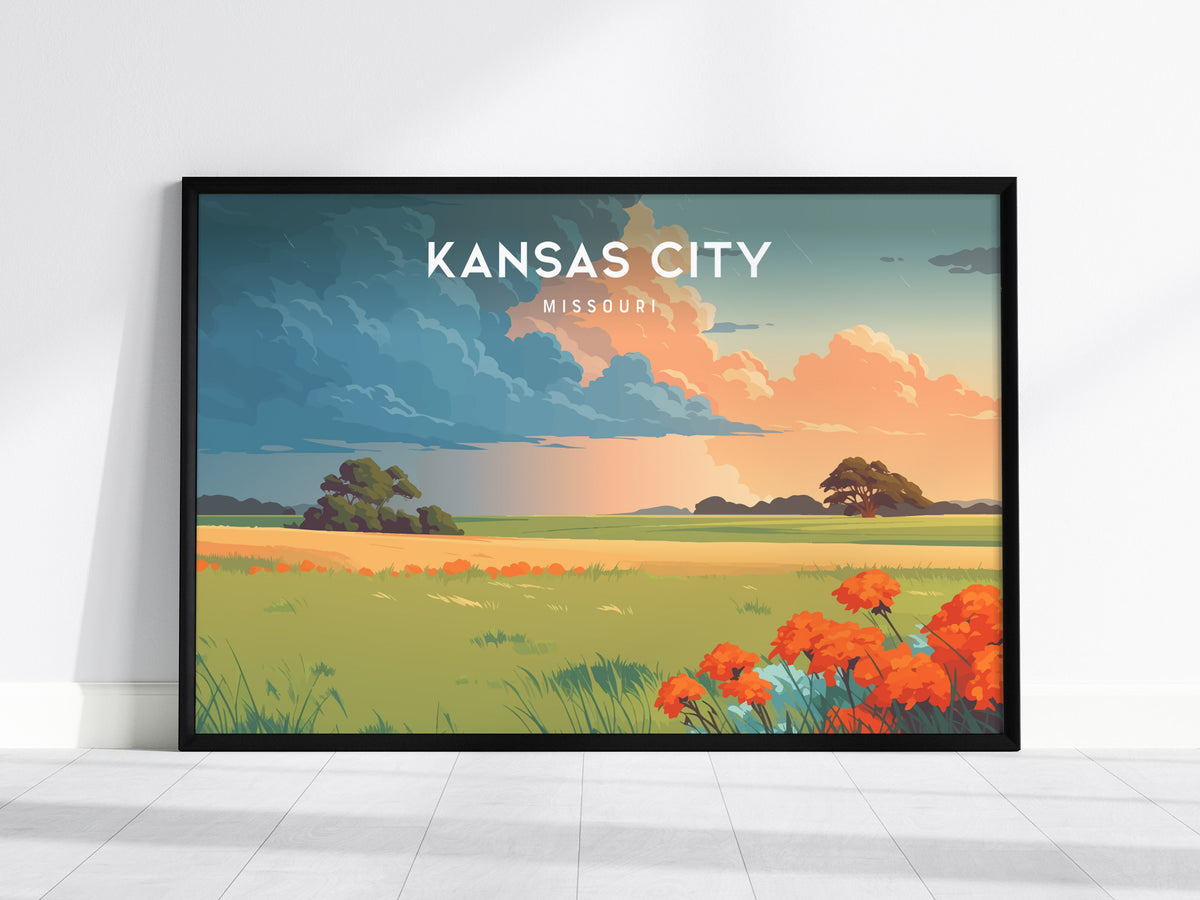 Kansas City, Missouri Landscape Poster | BBQ Jazz & Skyline Travel Gift Wall Art — framed wall art, 24x36 in