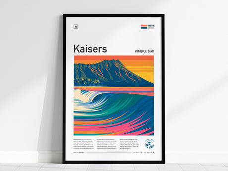 Kaisers, Hawaii Poster | Golden Surf & Diamond Head Wall Art — framed wall art, 24x36 in