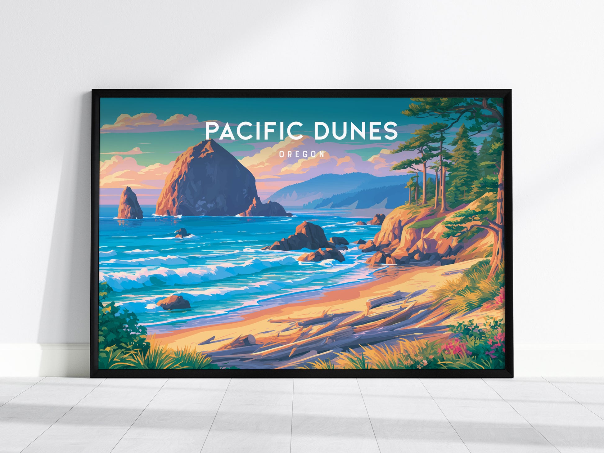 Pacific Dunes, Oregon Landscape Poster | Windswept Dunes Travel Wall Art — framed wall art, 24x36 in