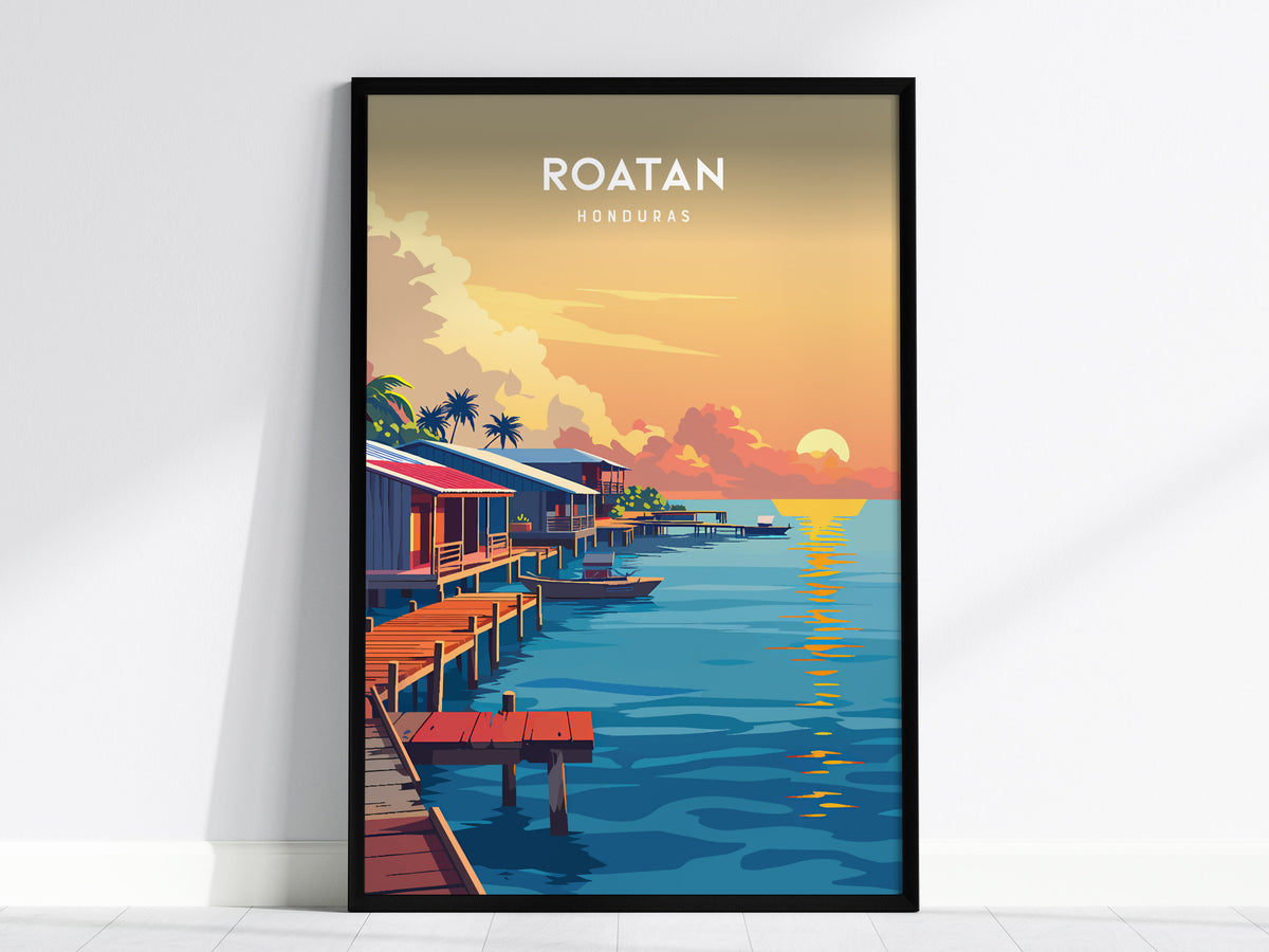 Roatan, Honduras Poster | Caribbean Island Coastal Beach Decor Wall Art — framed wall art, 24x36 in