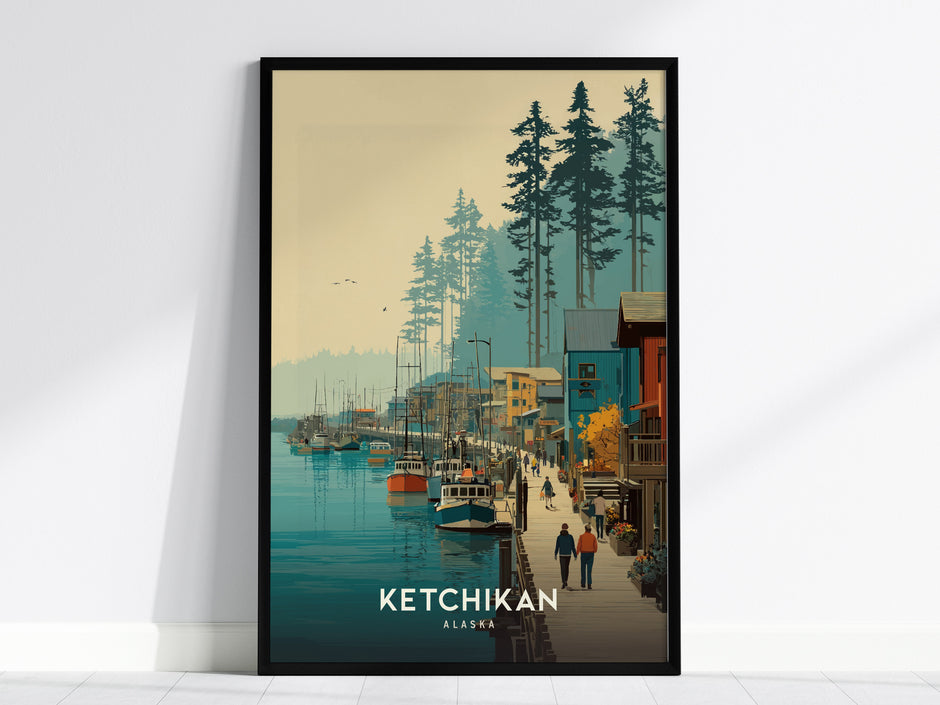 Scenic Ketchikan, Alaska waterfront travel art print featuring boats, a wooden pier, and tall pine trees in muted colors.