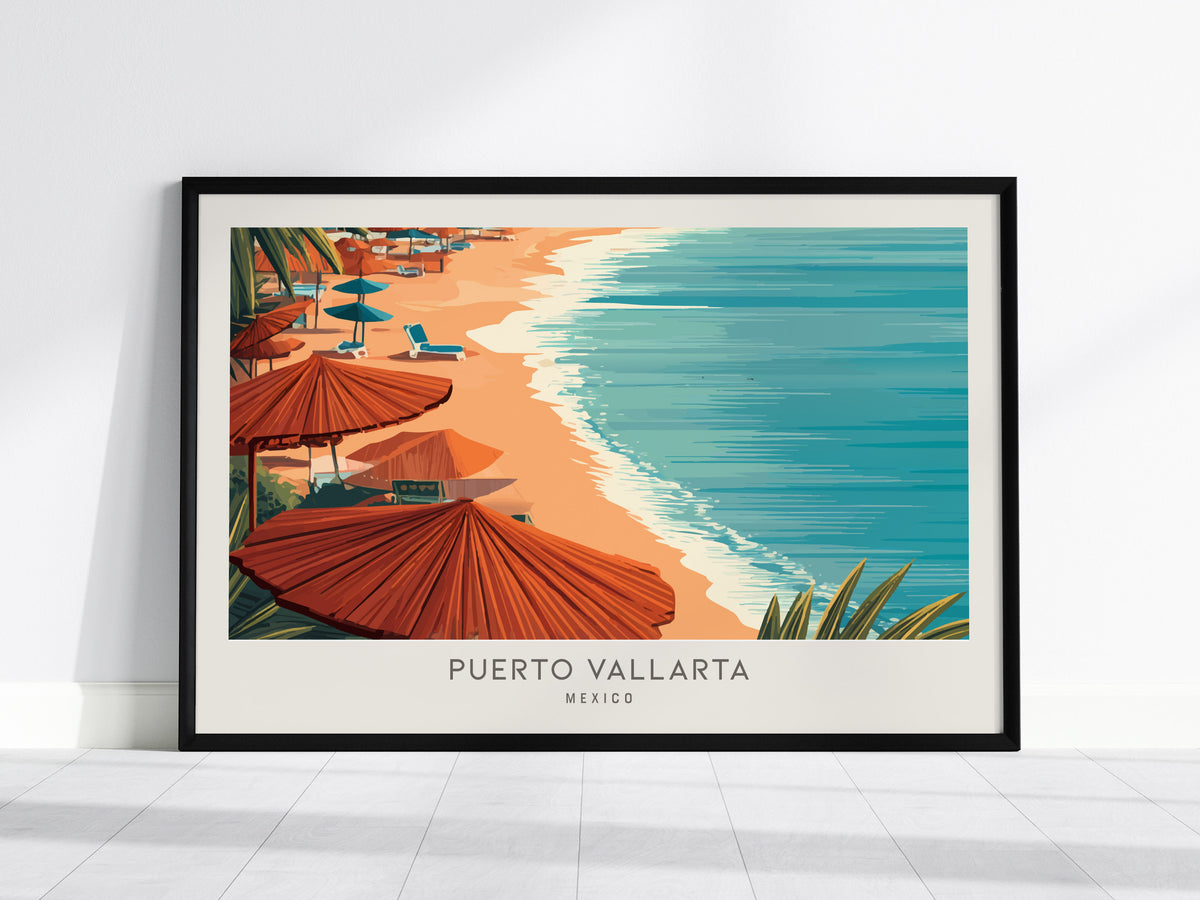 Puerto Vallarta Landscape Matte Border Poster | Mexico Destination Print Travel Wall Art — framed wall art, 24x36 in