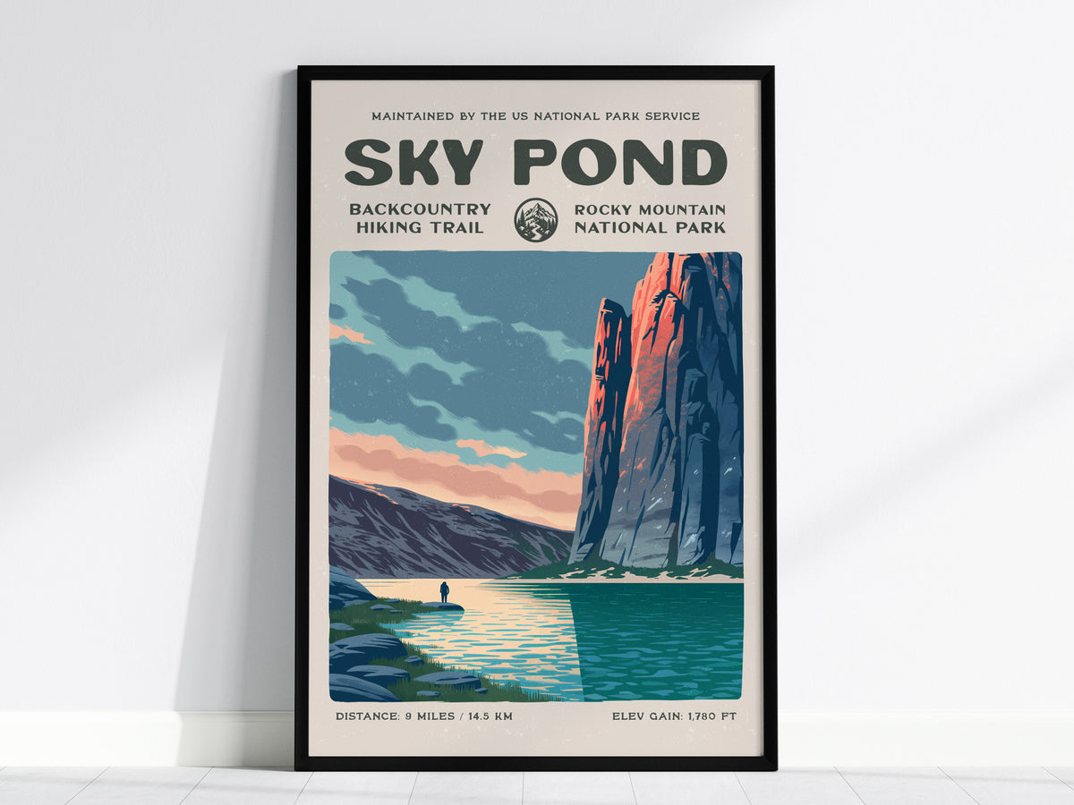 Sky Pond, Rocky Mountain National Park Poster | Hiker Gift | Backcountry Trail Wall Art — framed wall art, 24x36 in